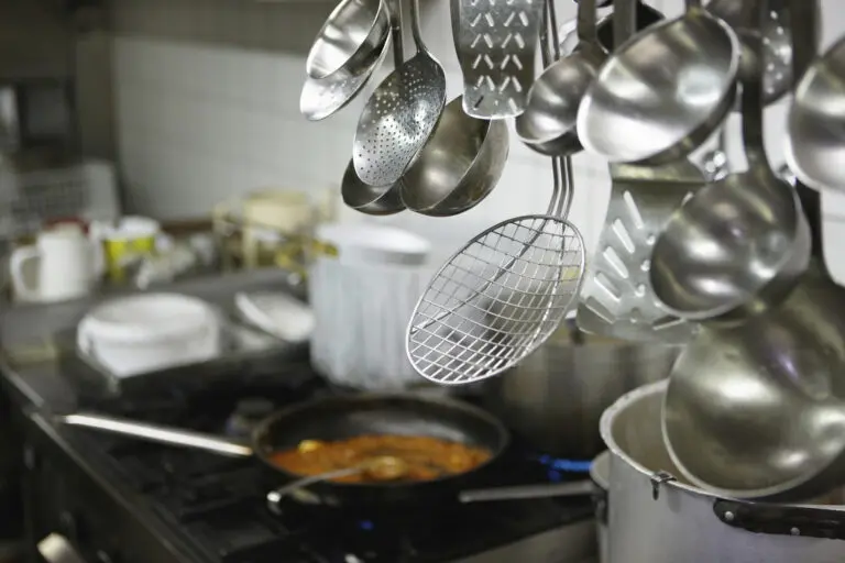 Close up of spoons in restaurant kitchen